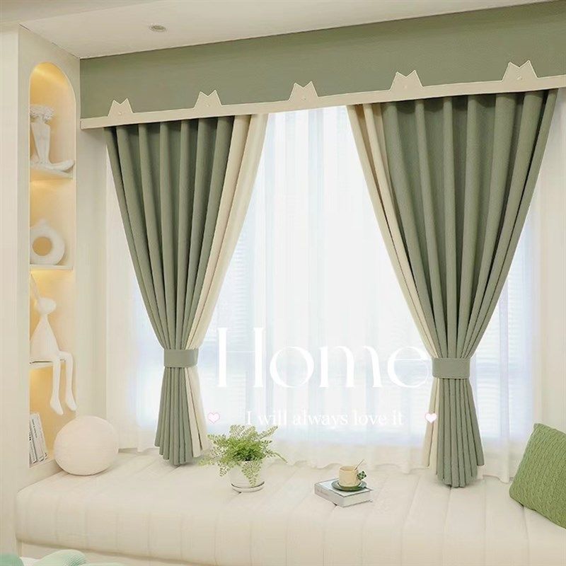 新款拼色加厚雪尼尔飘窗窗帘棉麻全遮光防漏光全屋定制卧室客厅