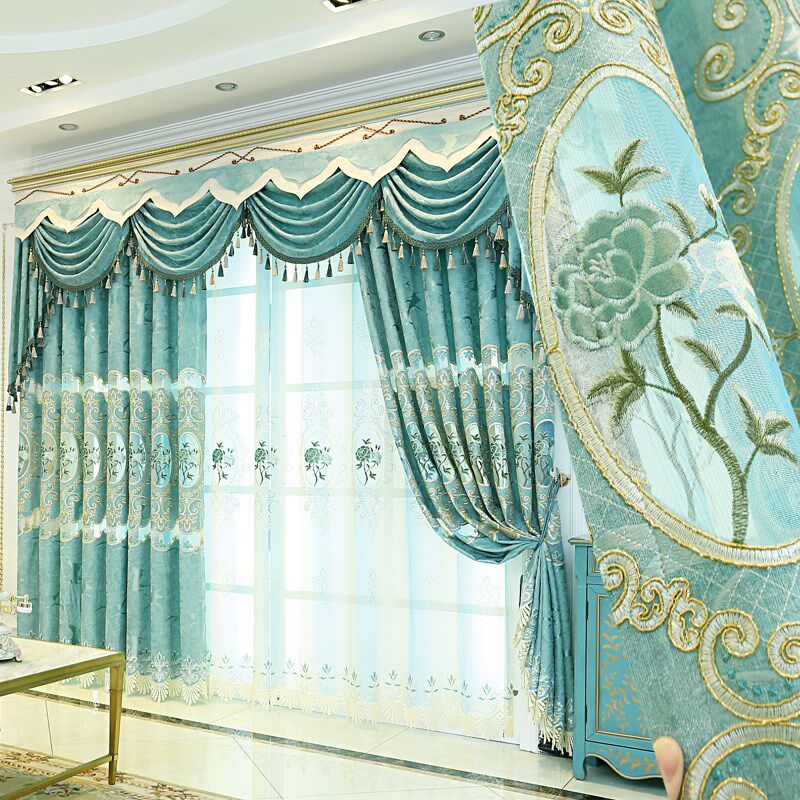 欧式加厚雪尼尔镂空绣花窗帘窗纱遮光成品高档大气客厅落地窗定制
