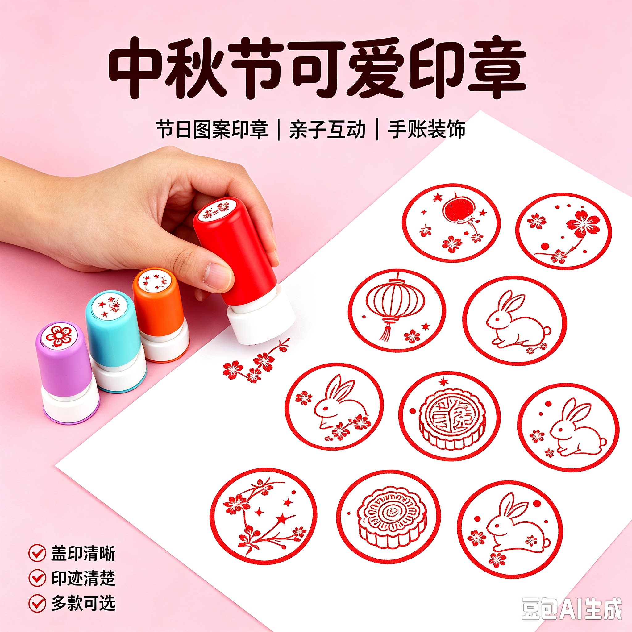 中秋节印章月饼印章传统节日创意店铺学校餐饮兔嫦娥景点活动中秋节快乐打卡签到明信片印章图章手账节日盖章图片