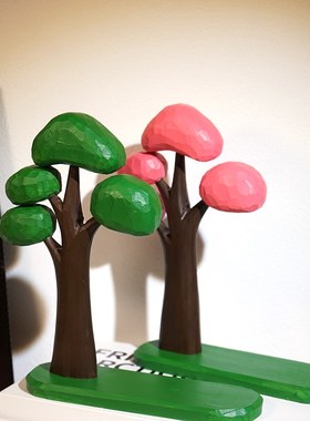 幸福棉花糖绿树木雕摆件卡通办公室电脑桌面书柜解压装饰品