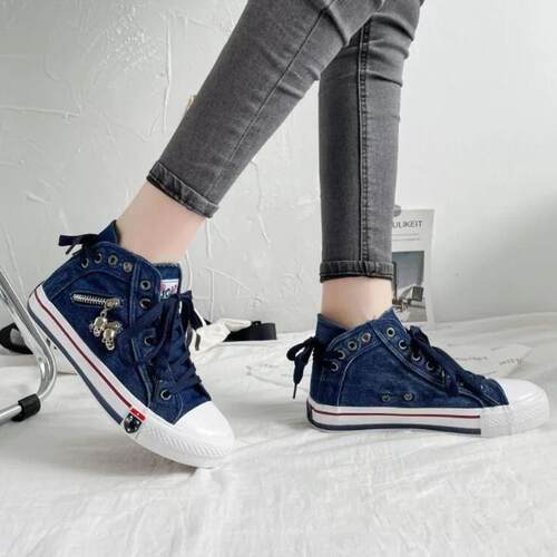 Women New Denim Flat-heel Round Toe Lace-up Skull Metal Deco