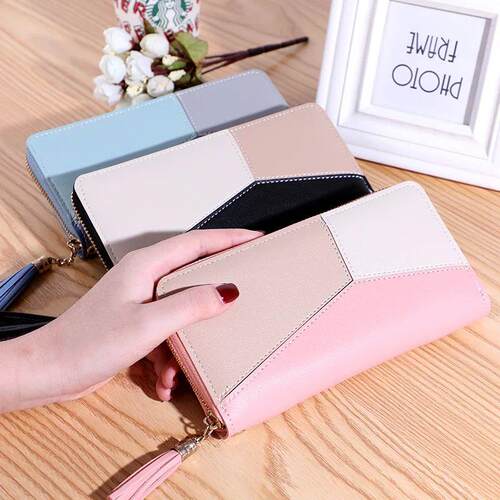 2023 New Womens Wallet Long Contrast Panel Zipper Tassel La