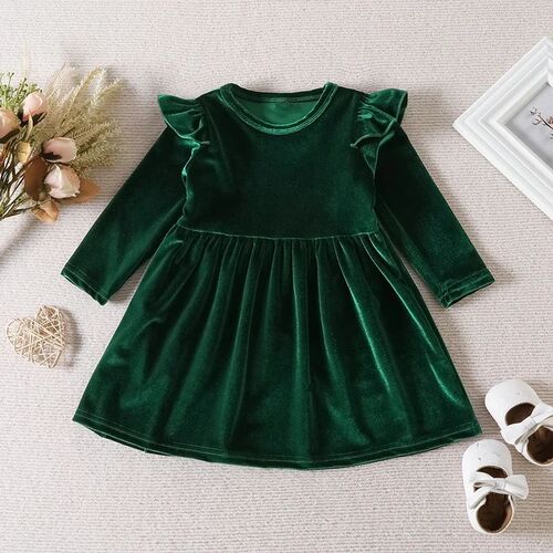 Autumn Solid Color Single-sided  Velvet  Dress for Baby Girl