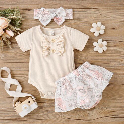 Summer Striped Short Sleeve Romper Tops Floral Woven Skirt P