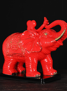 红色陶瓷大象摆件一对吸水象客厅桌面招财纯手工描金装饰开业送礼