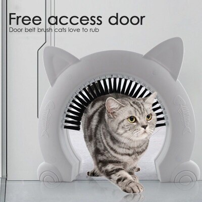 Cat Door for Indoor with Groomer Brush Plastic Small Pet Pup