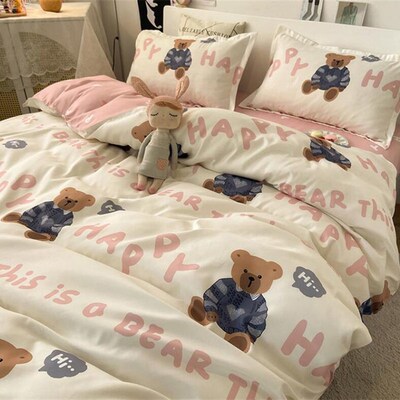 Bedding Set Home Textile Cyan Pink Bear Duvet Cover Pillowca
