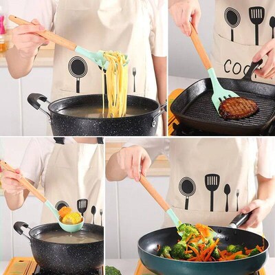 12Pcs/Set Wooden Handle Silicone Kitchen Utensils With Stora