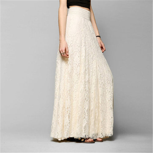 Women Double Lace Layer Chiffon Pleated Long Maxi Skirt Elas