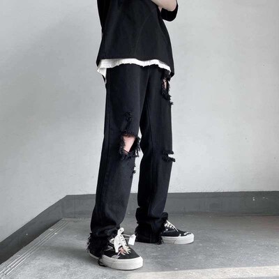 Black Ripped Jeans Mens tendy Slim-fit Loose All-match Begg