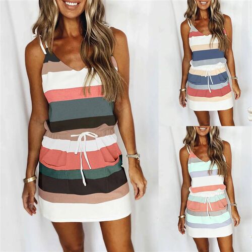 Women Summer Sleeveless Mini Dress Ruched Drawstring Backles
