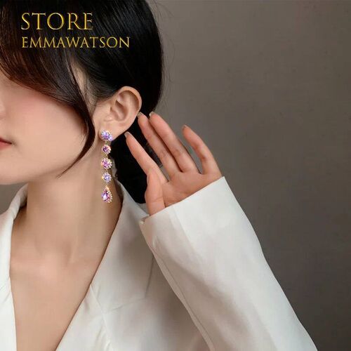 2024 New Fashion Purple Gemstone Long Pearl Tassel Drop Earr