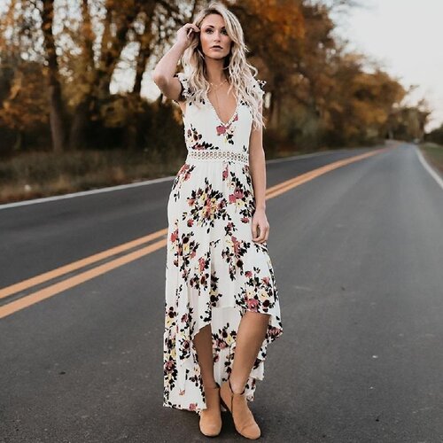 Women Boho Backless Irregular Floral Printed Dress  Summer