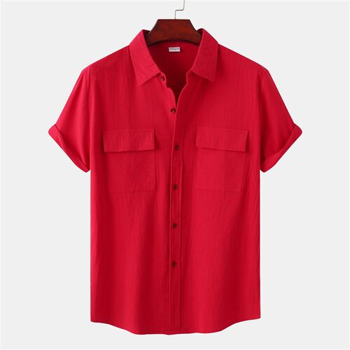 Summer Linen Short Sleeve Shirt for Men Square Collar Casual