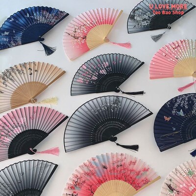 Vintage Style Silk Folding Fan Chinese Japanese Pattern Art