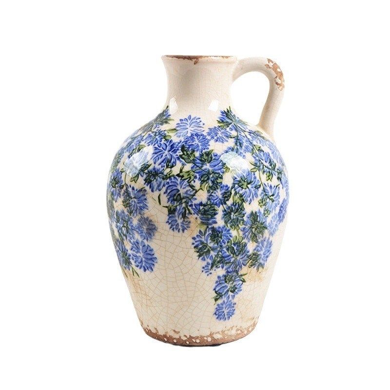 复古做旧冰裂釉蓝色藤花单耳花瓶陶瓷摆件水培家居桌面装饰插花罐,家居饰品,花瓶,淘宝优惠券,粉丝福利购,淘宝优惠卷