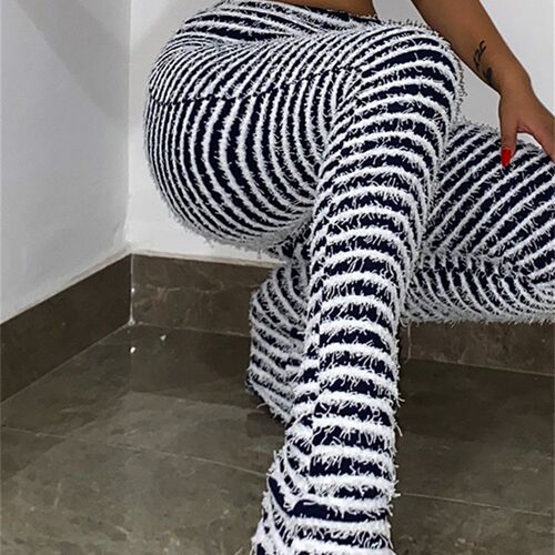 Weird Puss Striped Fluffy Stacked Pants High Waist nd Causal