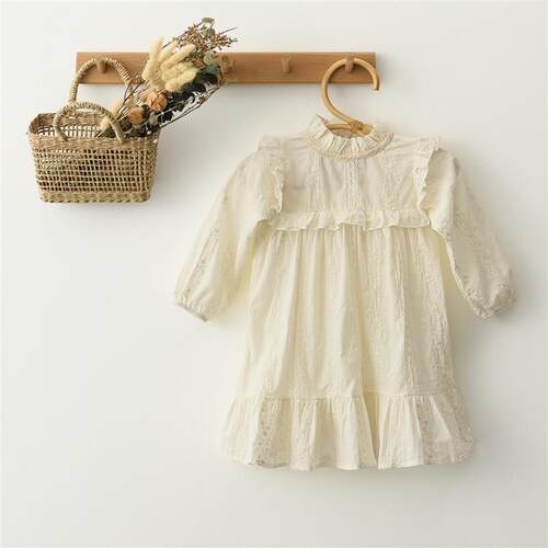 0-6Y Lace Princess Girl Dress Solid White Baby Long Sleeve D