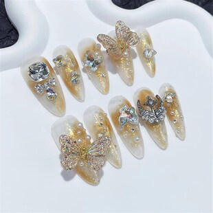 10Pcs Handmade Nails Set Press on Long Almond False Nail wit