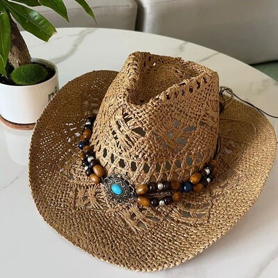 Vintage Summer Beach Bohemian Straw Hat Shell Women Men West