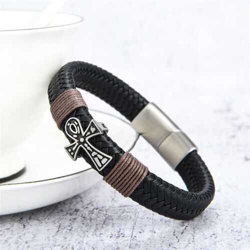 Braided Leather Brlet New Ancient Egypt Cross Stainless Stee