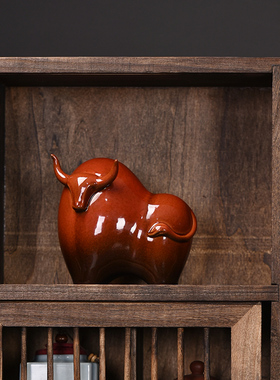 创意牛气冲天陶瓷红色牛摆件中式家居客厅招财装饰吉祥物酒柜摆设