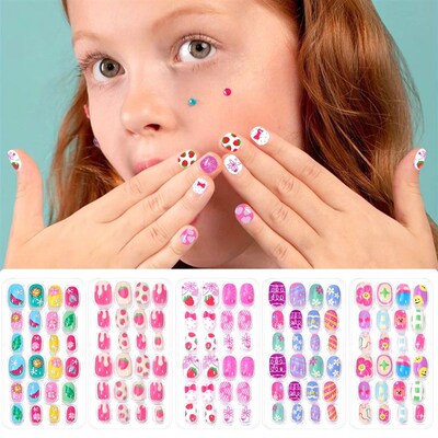 120Pcs Childrens Press on Nails Kids Cartoon Acrylic Fake N