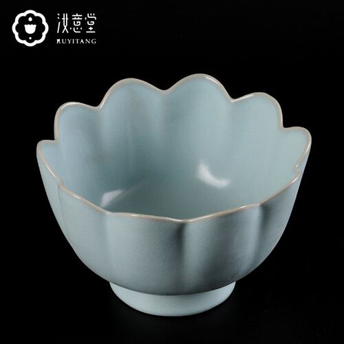 仿古汝窑汝瓷莲花式温碗陶瓷工艺品中式客厅书房博古架装饰品摆件