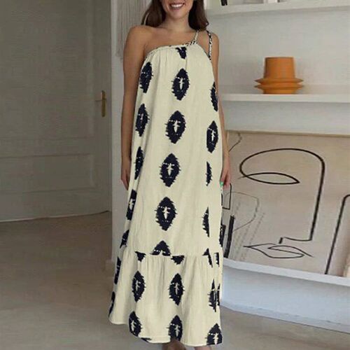 Elegant Print One-Shoulder Strap Womens Dress Loose Sleevel