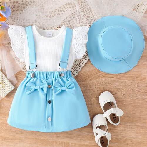 SpringSummer Lace Sleeve Tops Plain Strappy Skirts Hat Girl
