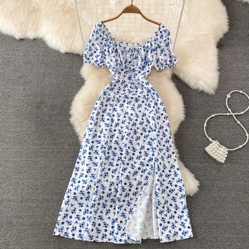 Summer Vintage Dress Blue Floral Summer Bubble Sleeve Tie