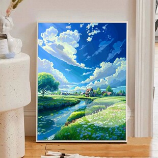 宫崎骏小镇高级感风景DIY数字油画手工绘涂鸦填色心理减压油彩画