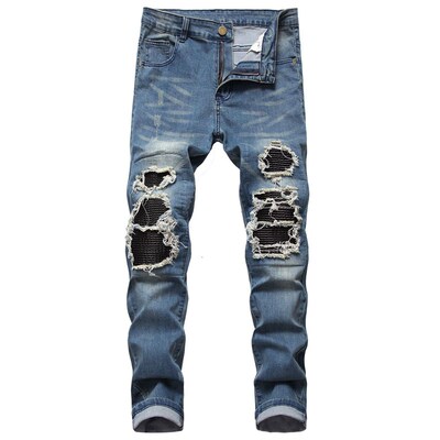 High Sreet Ripped  Slim Fit Mens Leather Elastic Mens Trou