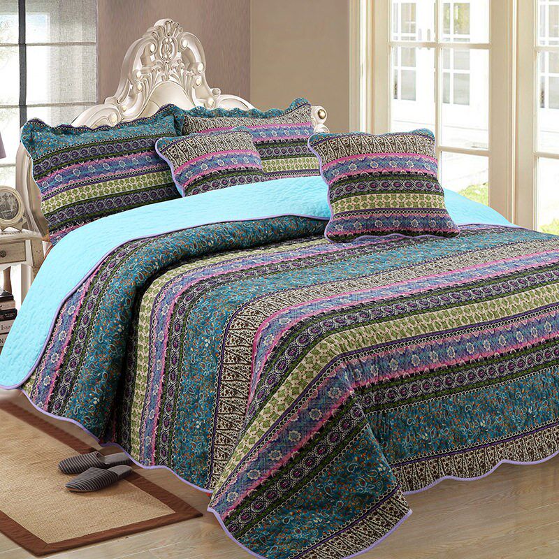 Pastoral Style Bed ver Quilted Three-piece Set Striped Cotto - 实物图