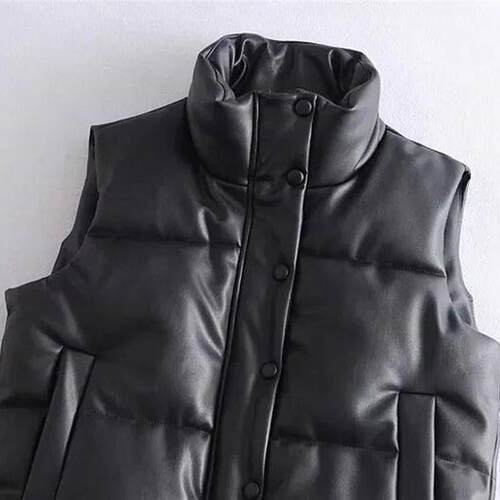 2023 Autumn Winter PU Leather Coat Women Black Stand Collar