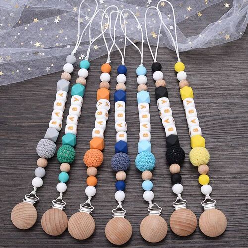 Personalized Name Baby Pacifier Chain Beech Wood Dummy Holde