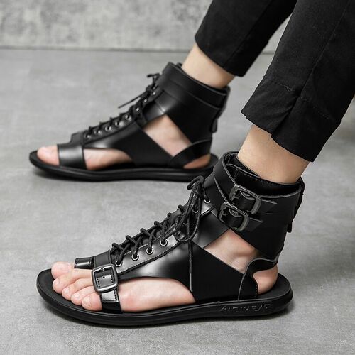 Summer New Men Gladiators Lace Up Buckle Leather Casual Shoe