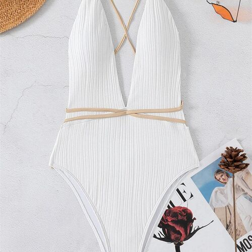 Plain Ribbed Lace Up Bikini Plunging One-Piece Swimsuit for