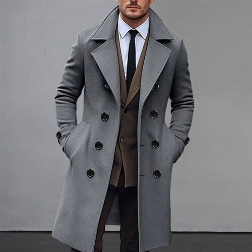 Men Long Woolen Coat Lapel Long Sleeve Solid Color