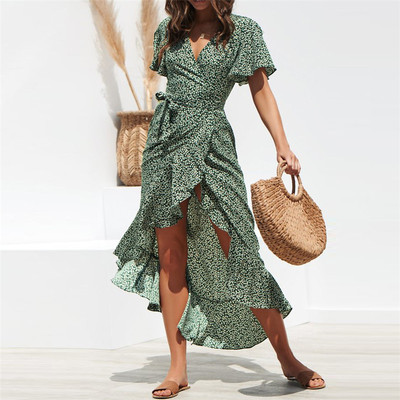 Boho Summer Maxi Dress Women Beach Green Floral Print Long