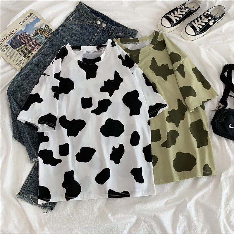 Woman Tshirts Cow Print Oversized Casual Loose Short Sleeve图片