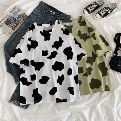 Woman Tshirts Cow Print Oversized Casual Loose Short Sleeve