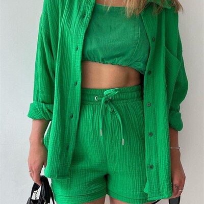 Oversized Shirt Shorts Two Piece Sets Women Spring Cotton op