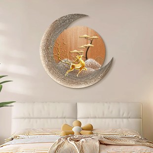 床头带灯墙壁件走廊玄关麋鹿卧室装饰画圆形月亮入户挂画背景进门