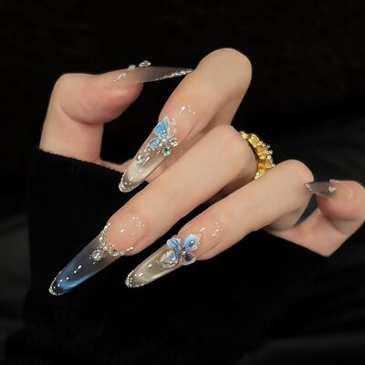 纯手工蓝色蝴蝶美甲甲片成品穿戴甲可拆卸长款细狗指甲贴片美甲贴
