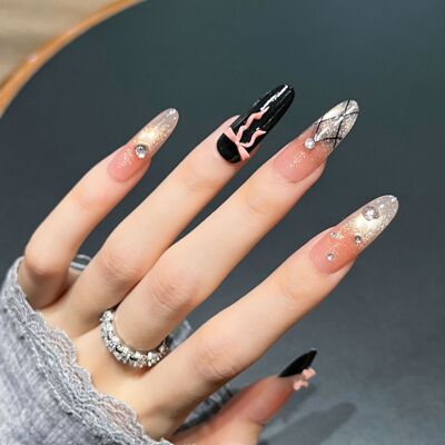 手工黑金蝴蝶结猫眼穿戴甲