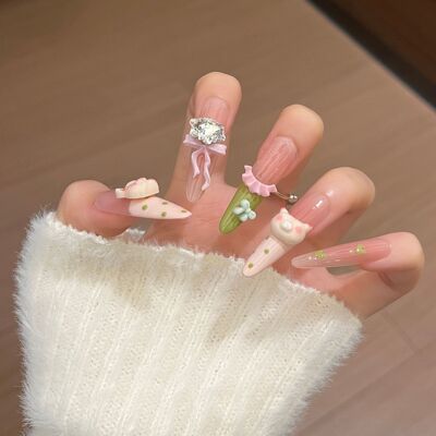 纯手工粉色细狗蝴蝶结穿戴甲