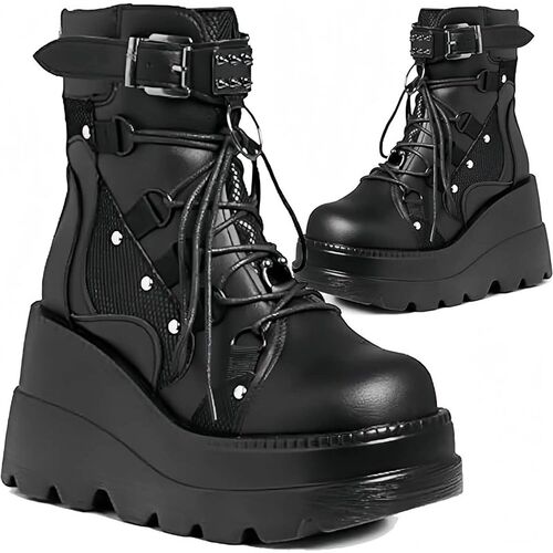 Women Goth Copl Wedge Combat Ankle Boot Fahion Stylih Punk