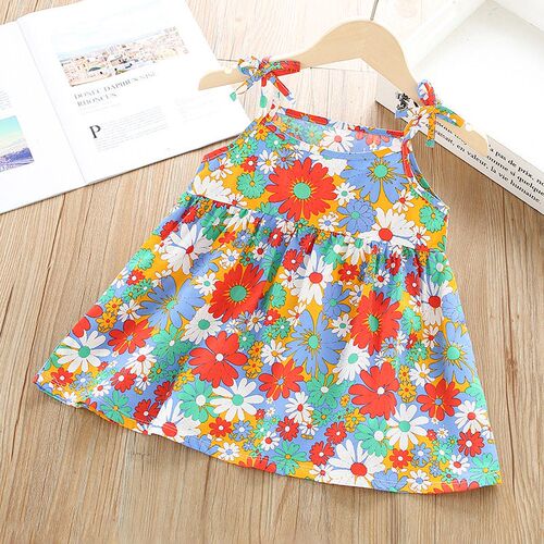 Girls Dress Summer 2022 Kids Sleeveless Flower Print Cute Dr