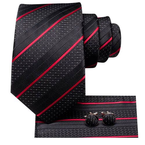 Black Red Striped Silk Wedding Tie For Men Handky Cufflink G